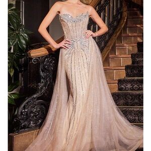 Lady Black Tie Strapless Nude Embellished Gem Bridesmaid Prom Dress Gown Train